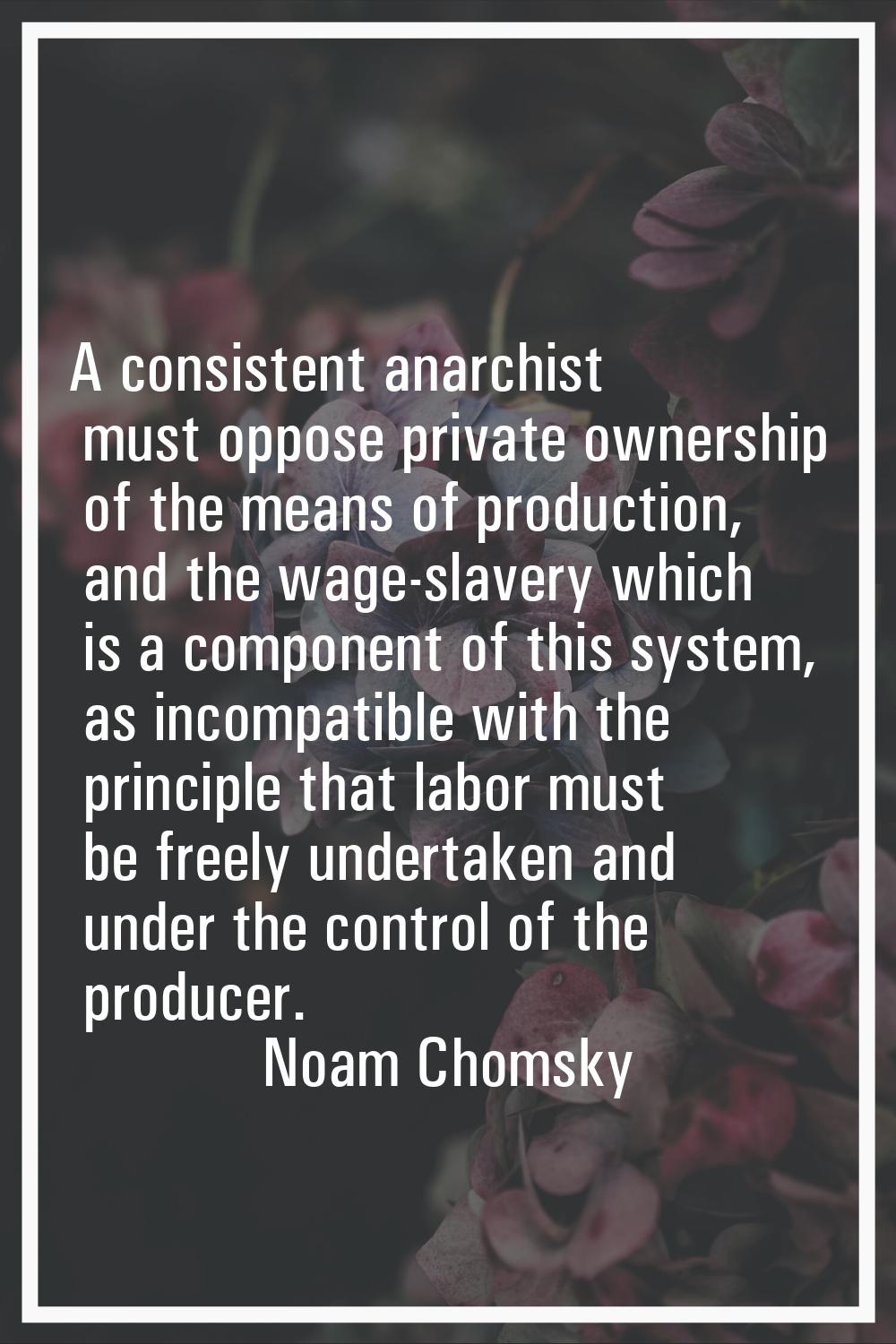 A consistent anarchist must oppose private ownership of the means of production, and the wage-slave
