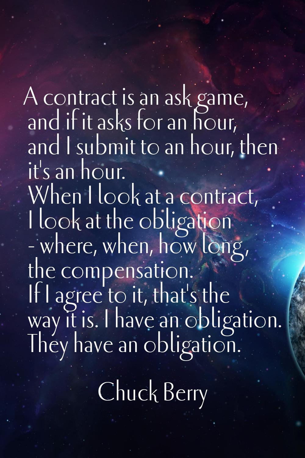 A contract is an ask game, and if it asks for an hour, and I submit to an hour, then it's an hour. 