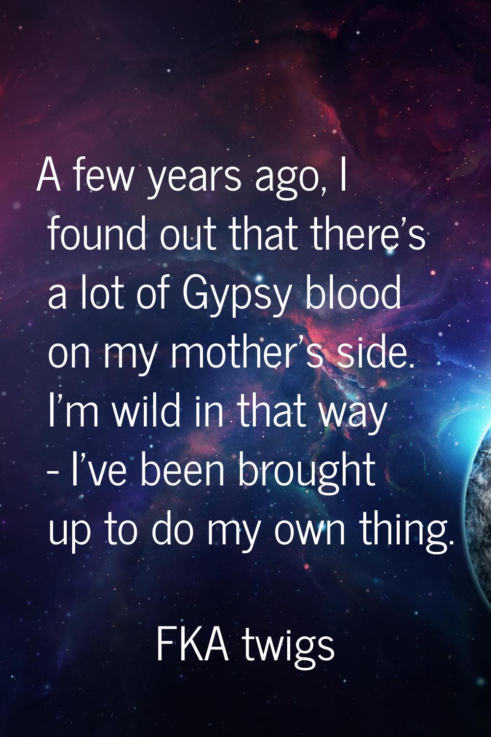 A few years ago, I found out that there's a lot of Gypsy blood on my mother's side. I'm wild in tha