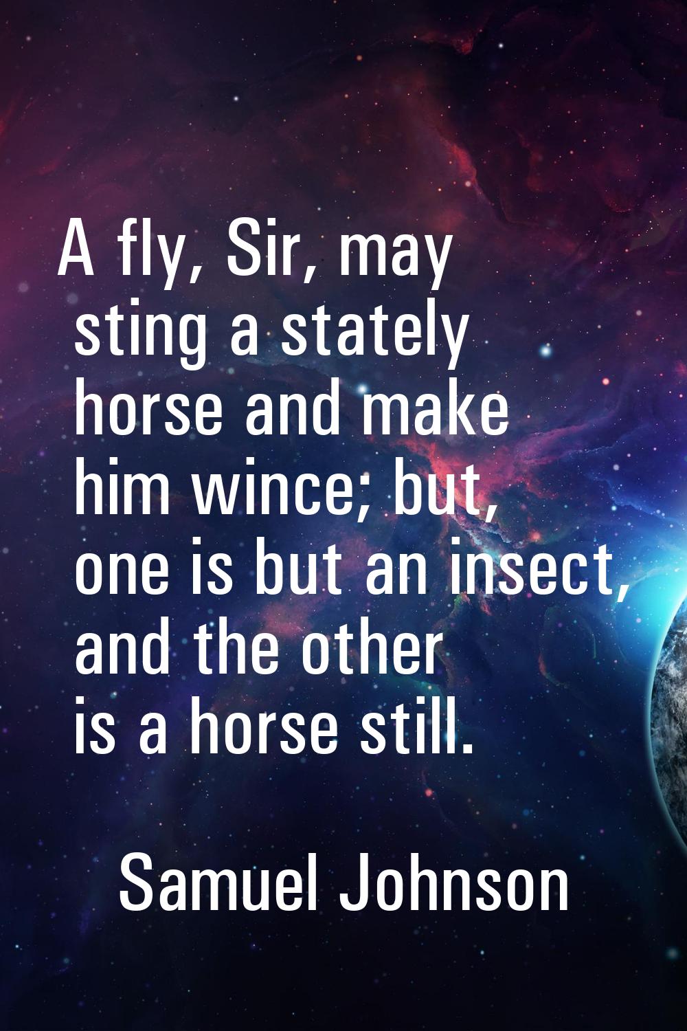 A fly, Sir, may sting a stately horse and make him wince; but, one is but an insect, and the other 