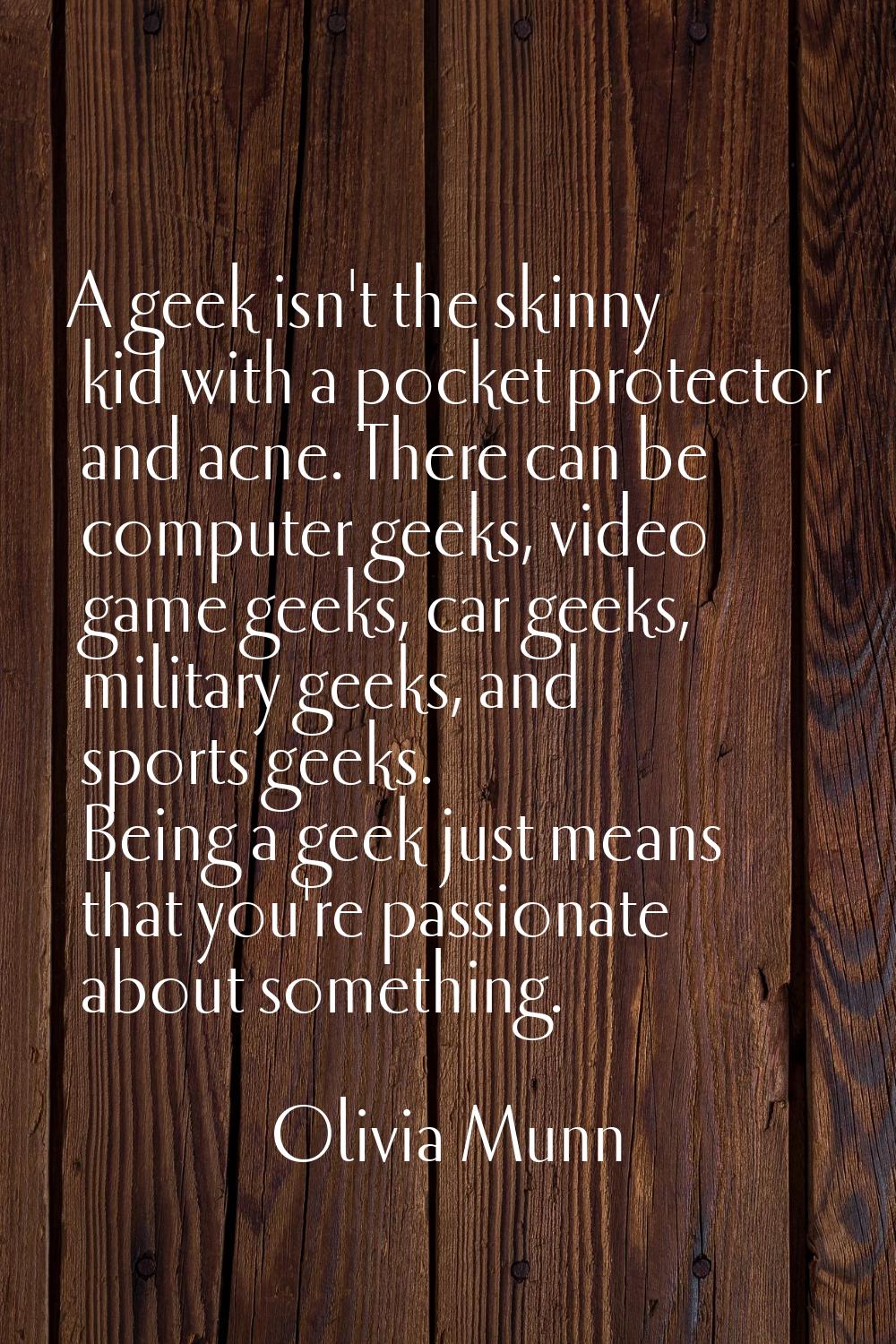 A geek isn't the skinny kid with a pocket protector and acne. There can be computer geeks, video ga