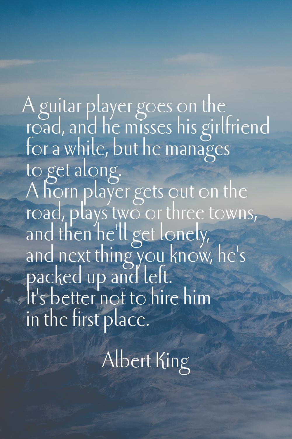 A guitar player goes on the road, and he misses his girlfriend for a while, but he manages to get a