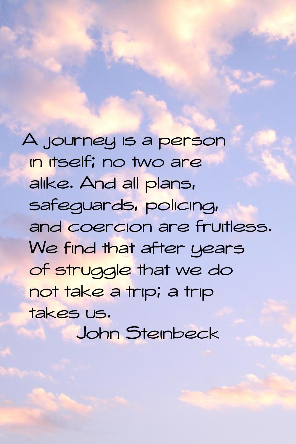 A journey is a person in itself; no two are alike. And all plans, safeguards, policing, and coercio