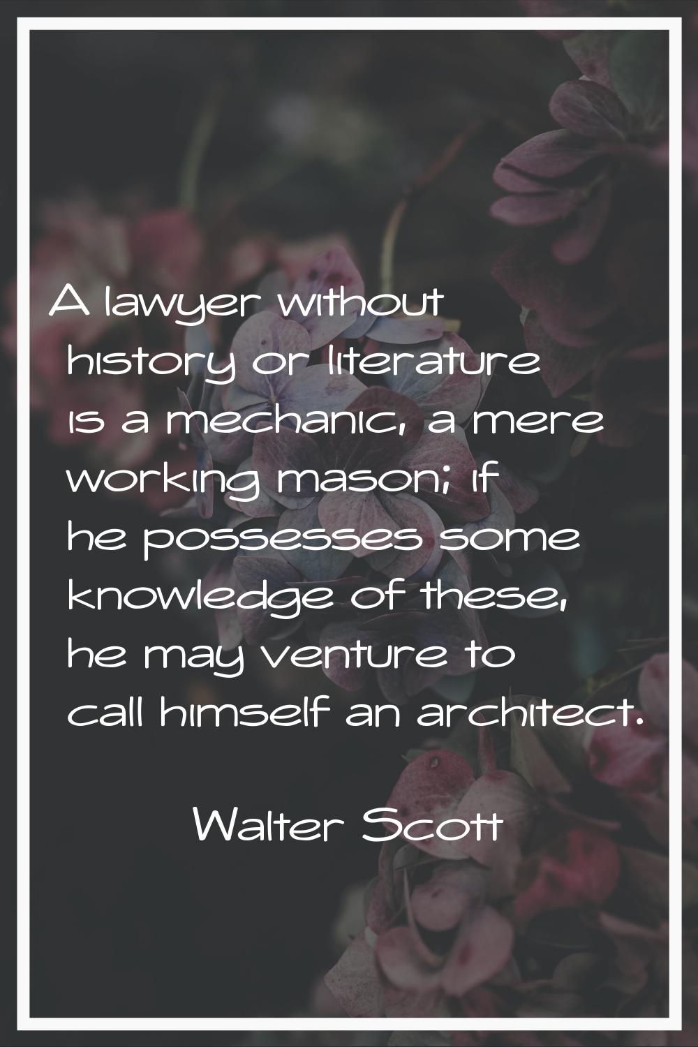 A lawyer without history or literature is a mechanic, a mere working mason; if he possesses some kn