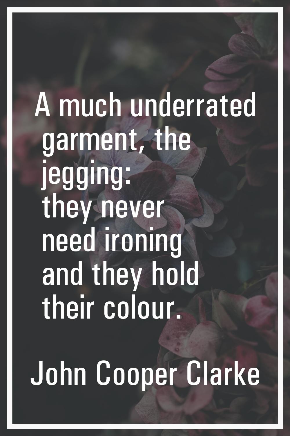 A much underrated garment, the jegging: they never need ironing and they hold their colour.