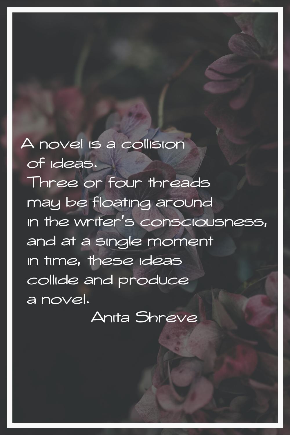 A novel is a collision of ideas. Three or four threads may be floating around in the writer's consc