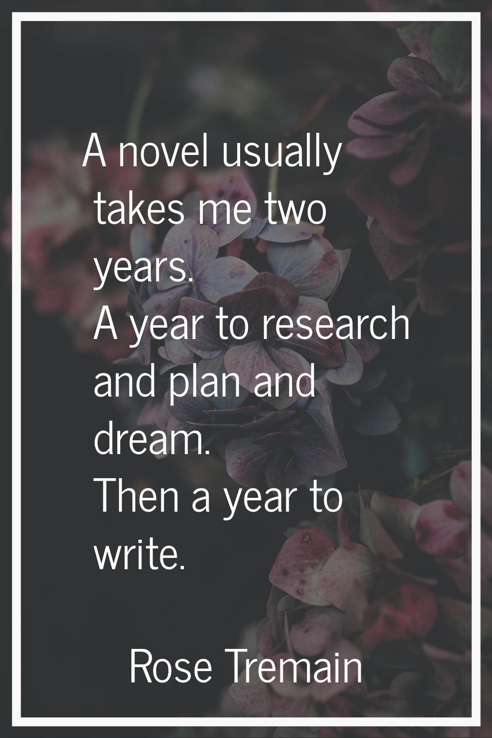 A novel usually takes me two years. A year to research and plan and dream. Then a year to write.