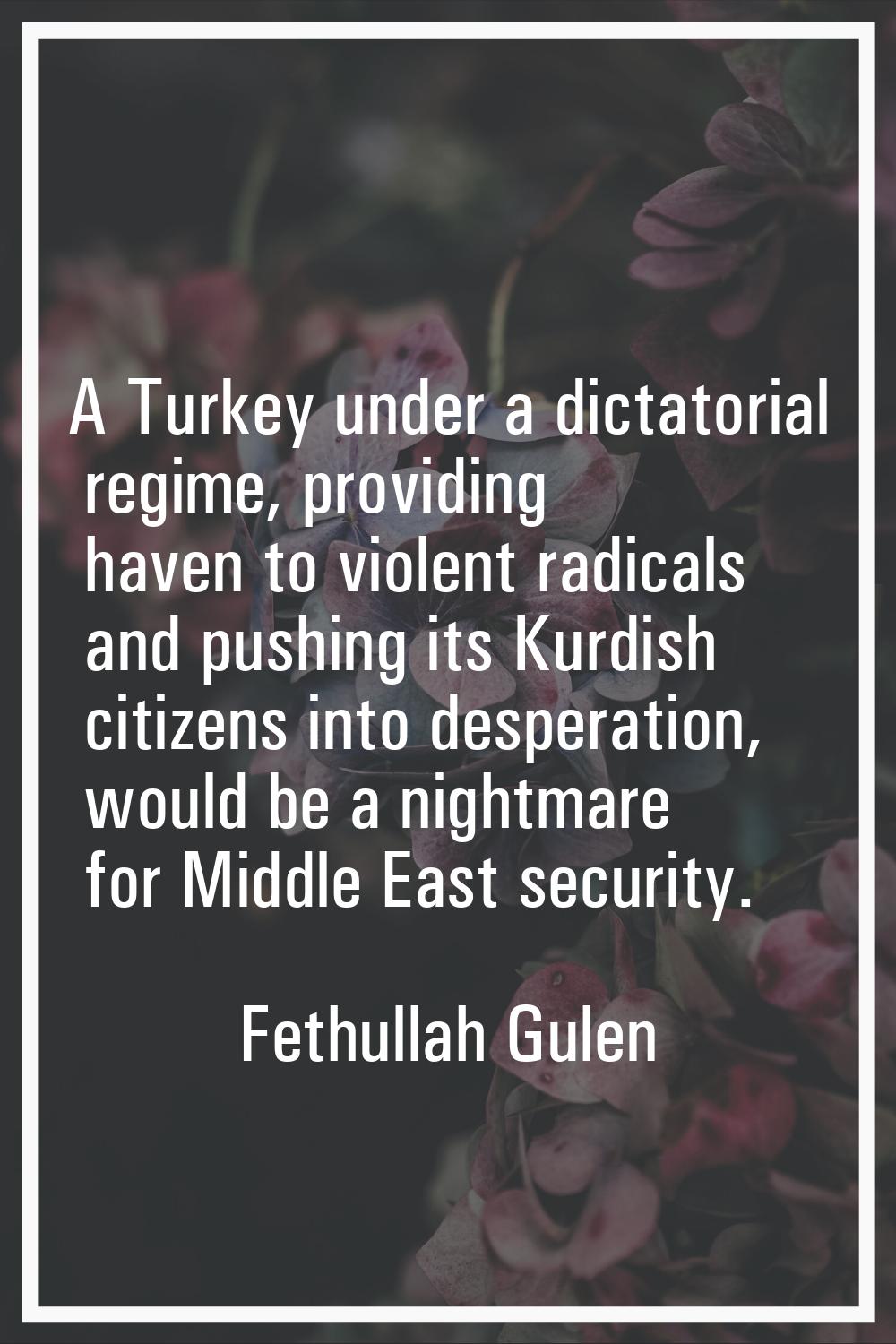 A Turkey under a dictatorial regime, providing haven to violent radicals and pushing its Kurdish ci