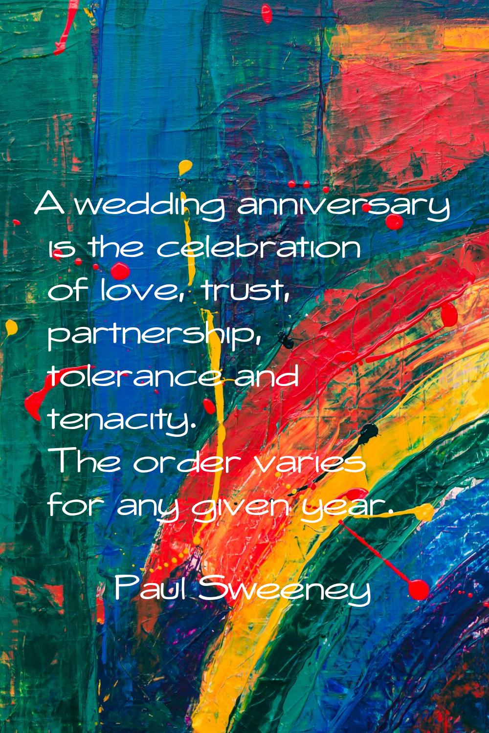 A wedding anniversary is the celebration of love, trust, partnership, tolerance and tenacity. The o
