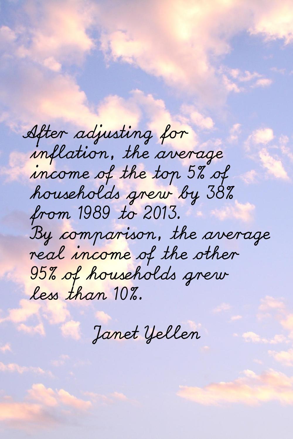After adjusting for inflation, the average income of the top 5% of households grew by 38% from 1989