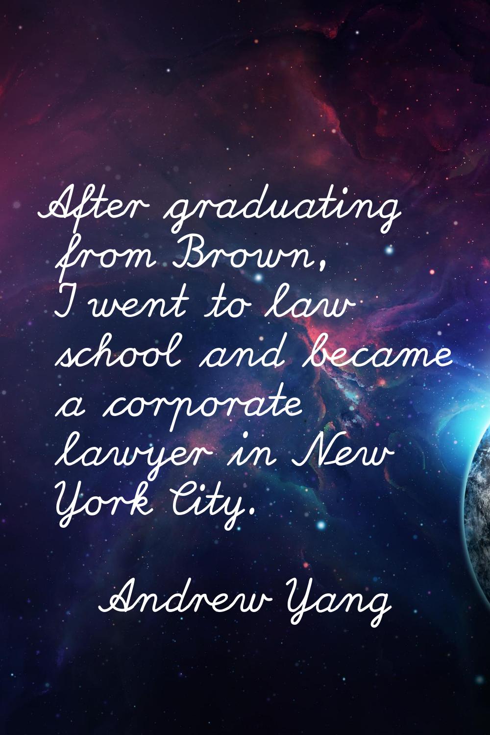 After graduating from Brown, I went to law school and became a corporate lawyer in New York City.
