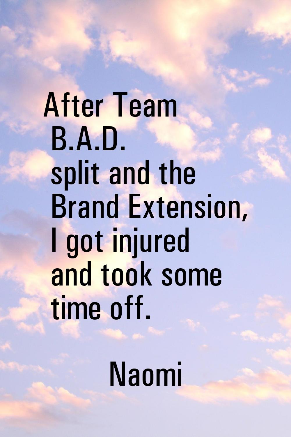 After Team B.A.D. split and the Brand Extension, I got injured and took some time off.