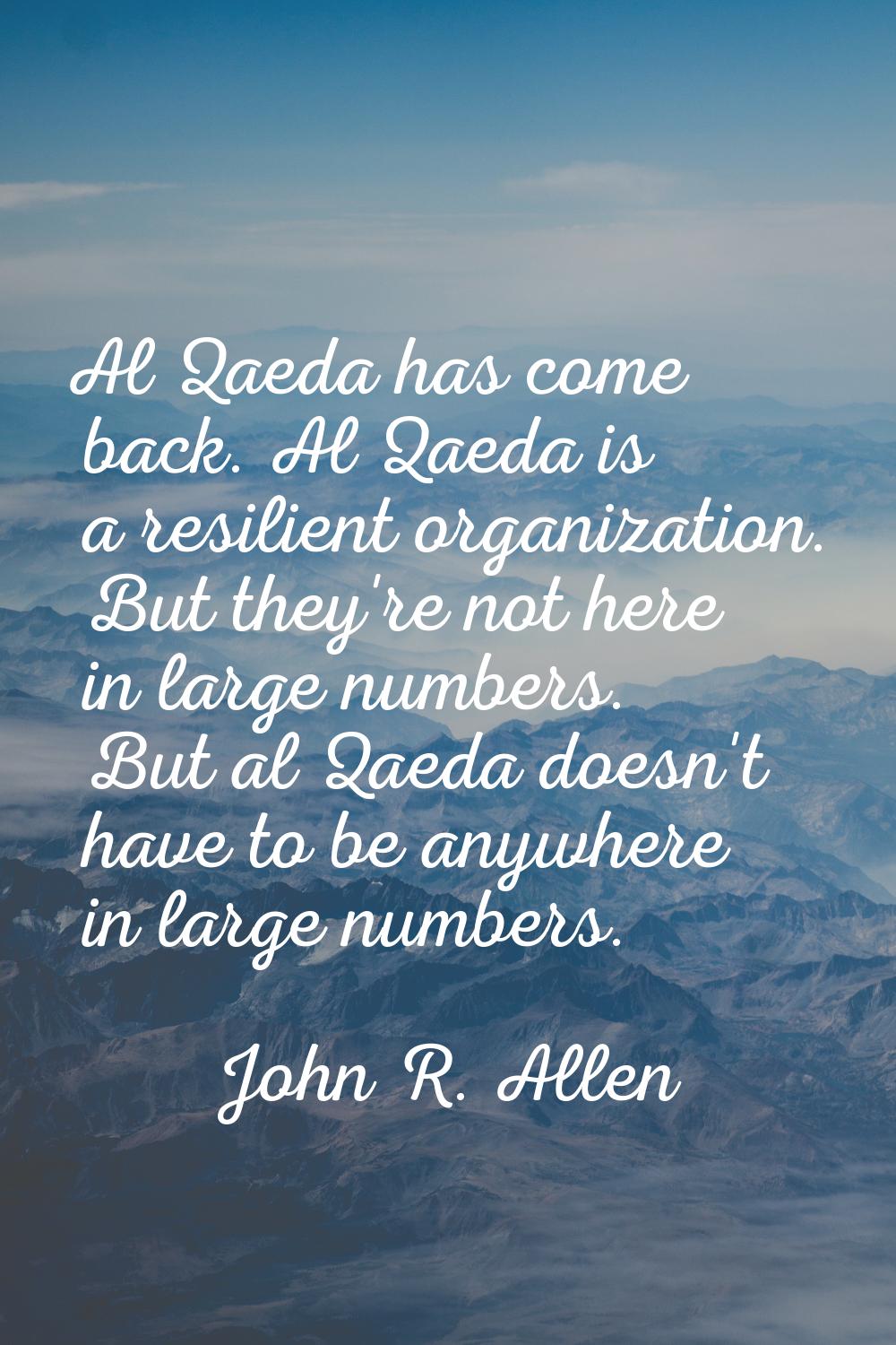 Al Qaeda has come back. Al Qaeda is a resilient organization. But they're not here in large numbers