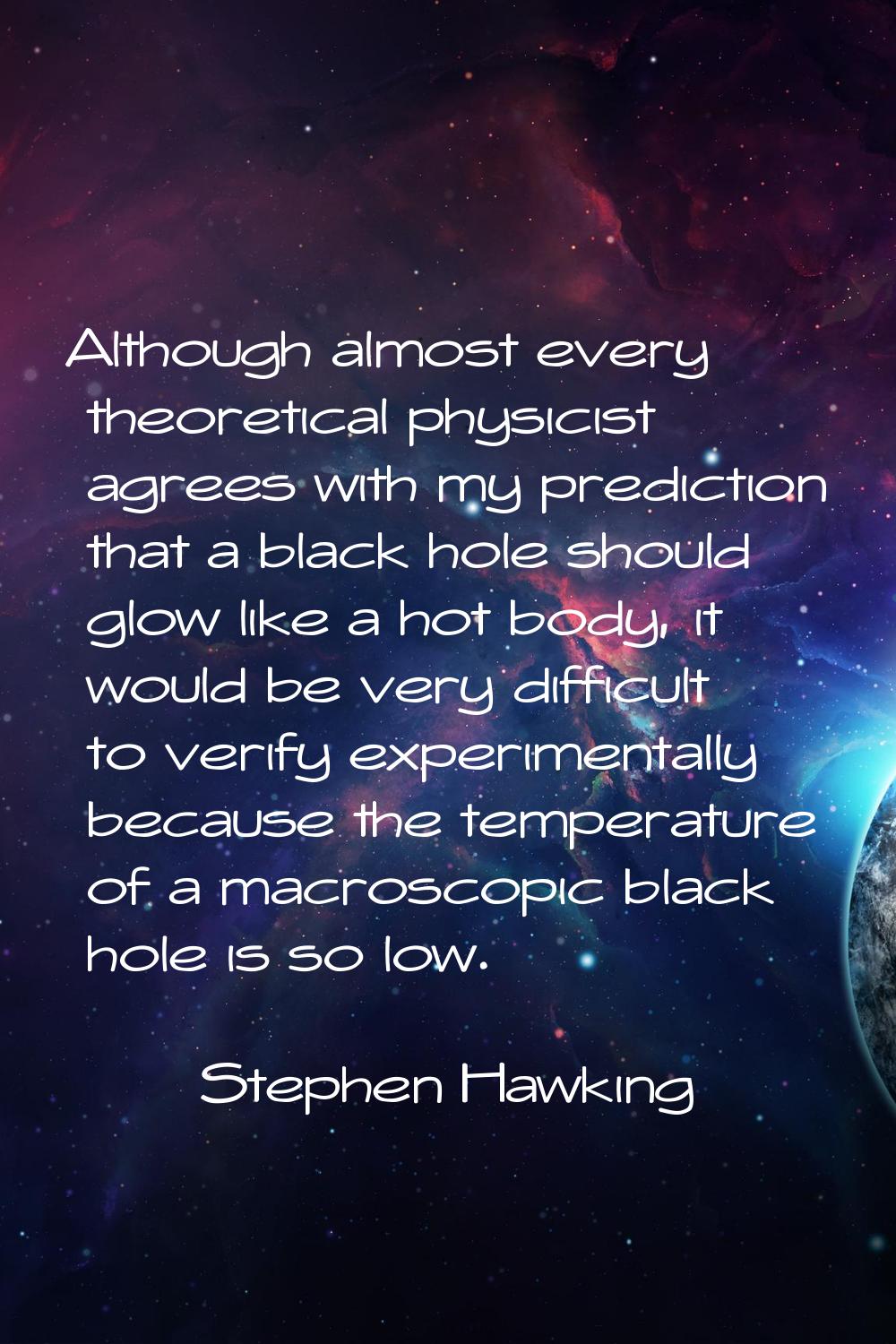 Although almost every theoretical physicist agrees with my prediction that a black hole should glow