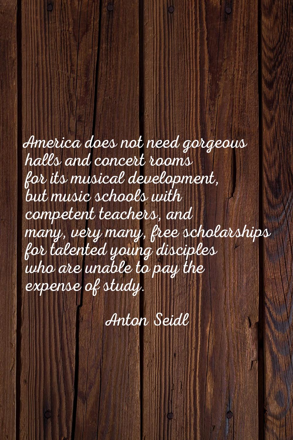 America does not need gorgeous halls and concert rooms for its musical development, but music schoo