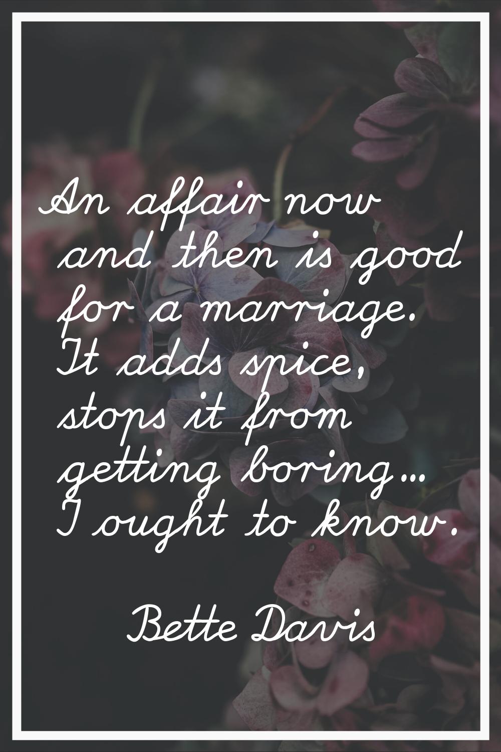 An affair now and then is good for a marriage. It adds spice, stops it from getting boring... I oug