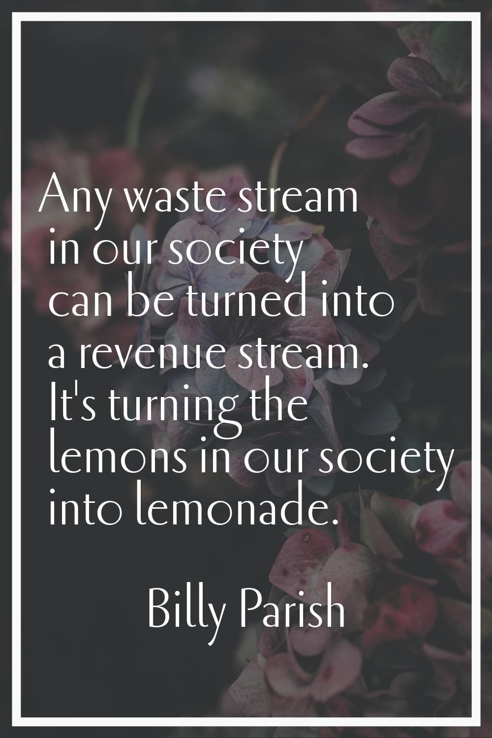 Any waste stream in our society can be turned into a revenue stream. It's turning the lemons in our