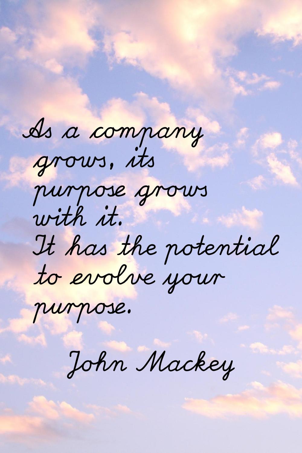 As a company grows, its purpose grows with it. It has the potential to evolve your purpose.