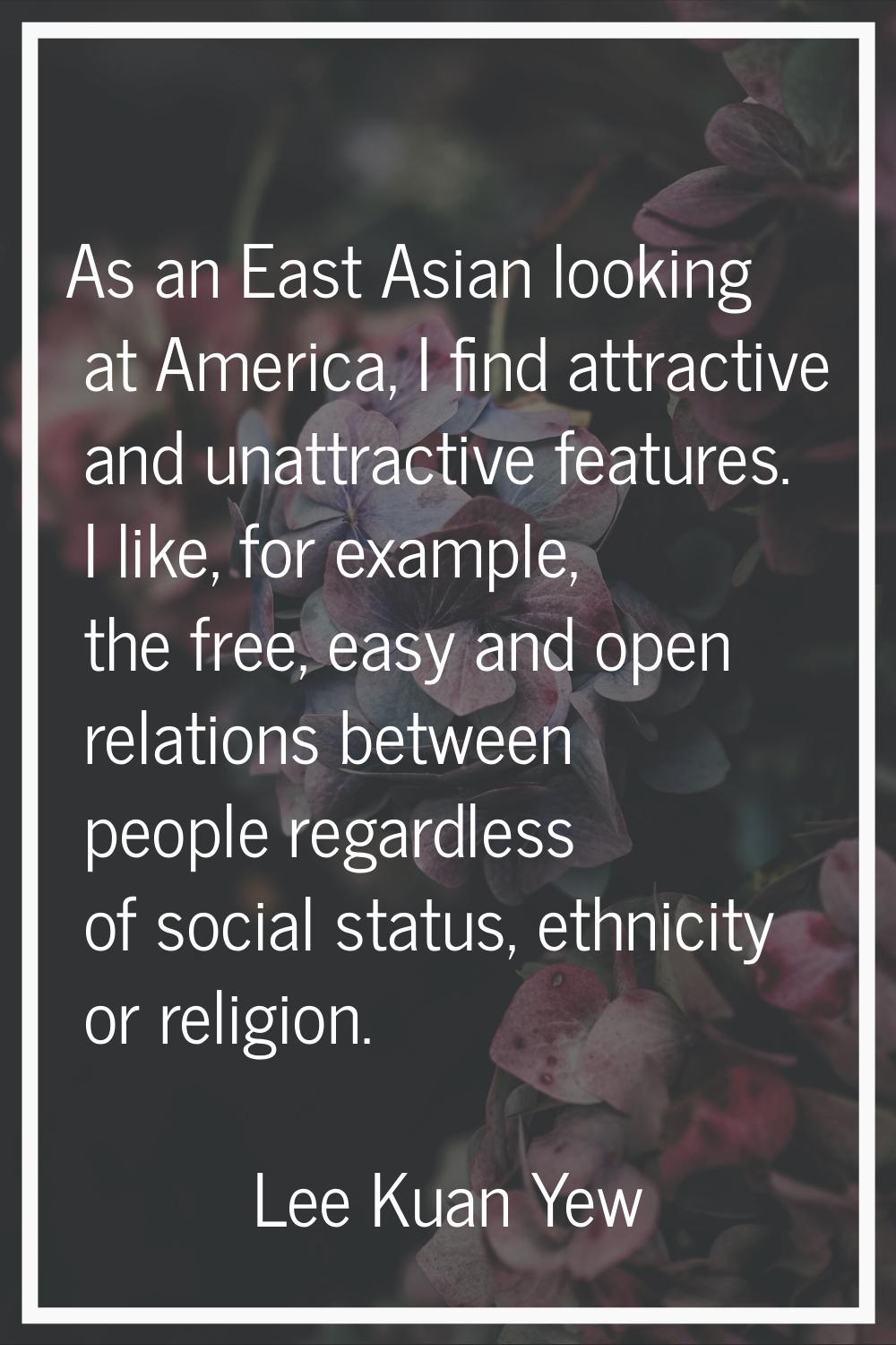 As an East Asian looking at America, I find attractive and unattractive features. I like, for examp