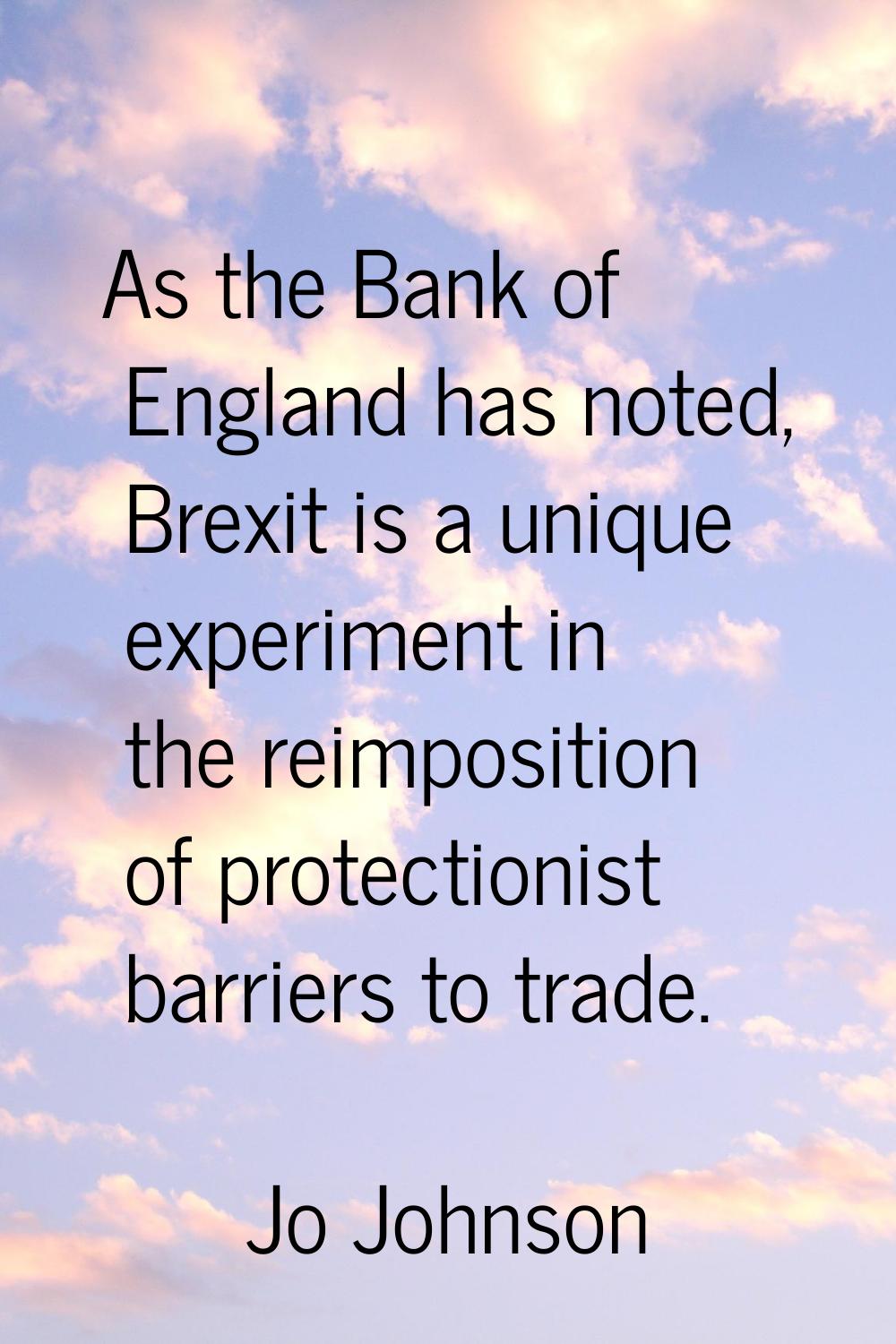 As the Bank of England has noted, Brexit is a unique experiment in the reimposition of protectionis