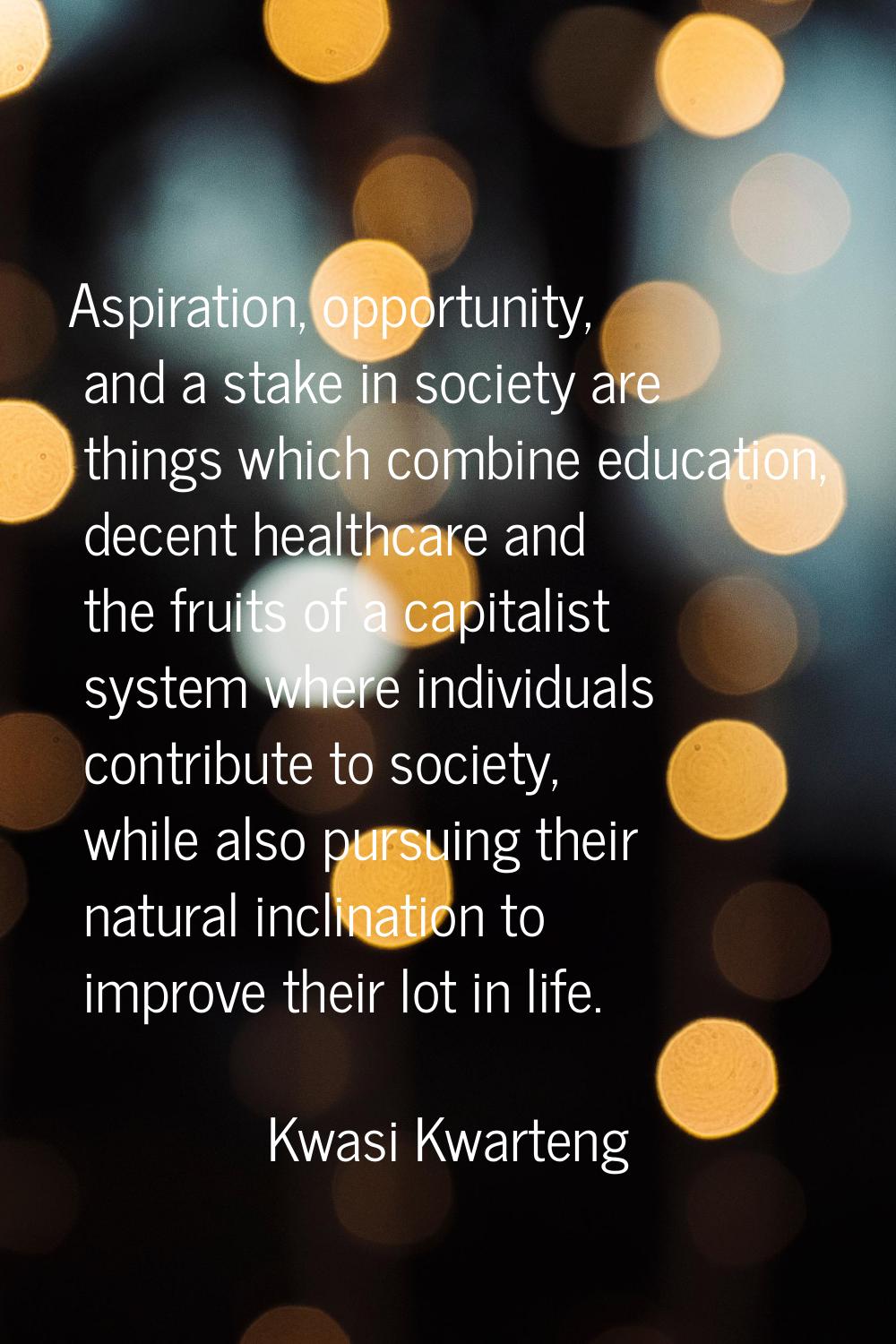 Aspiration, opportunity, and a stake in society are things which combine education, decent healthca
