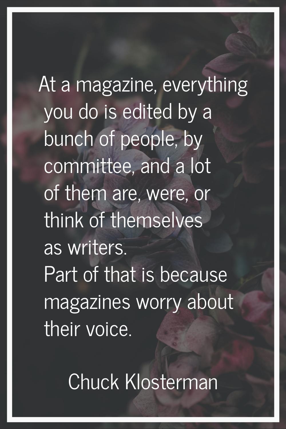 At a magazine, everything you do is edited by a bunch of people, by committee, and a lot of them ar