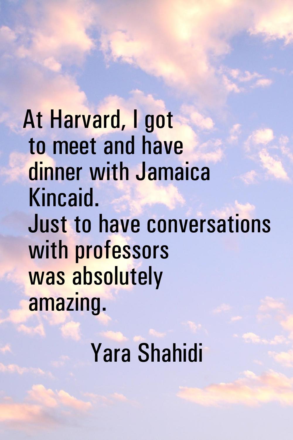 At Harvard, I got to meet and have dinner with Jamaica Kincaid. Just to have conversations with pro