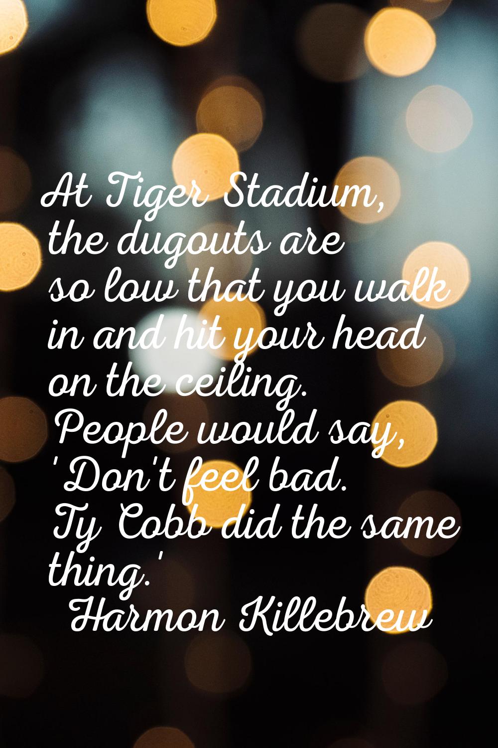 At Tiger Stadium, the dugouts are so low that you walk in and hit your head on the ceiling. People 