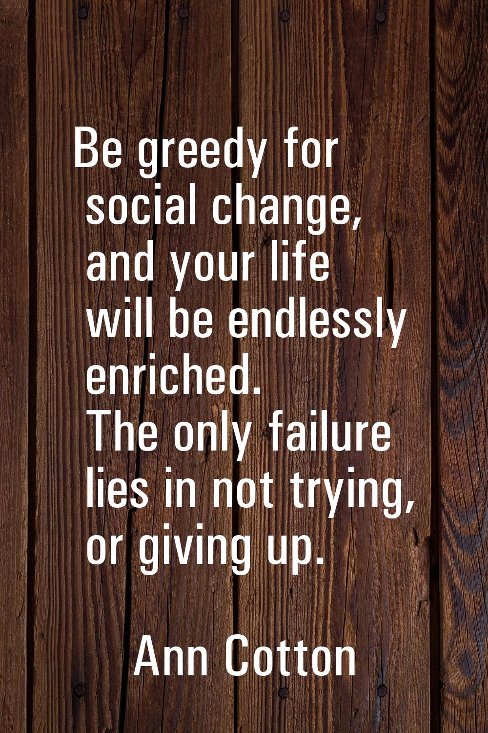 Be greedy for social change, and your life will be endlessly enriched. The only failure lies in not