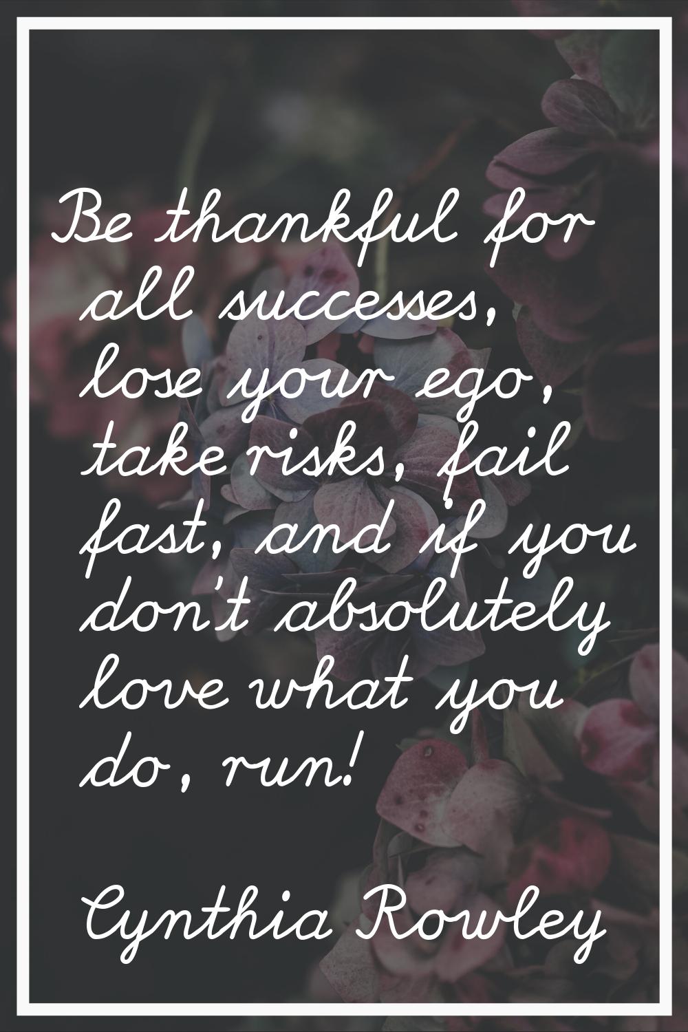 Be thankful for all successes, lose your ego, take risks, fail fast, and if you don't absolutely lo