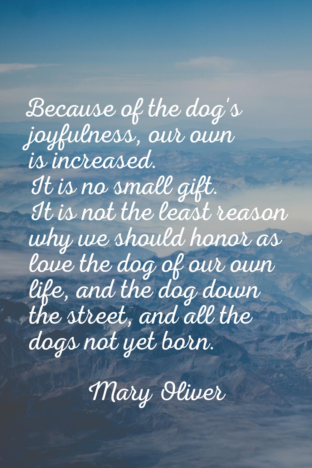 Because of the dog's joyfulness, our own is increased. It is no small gift. It is not the least rea