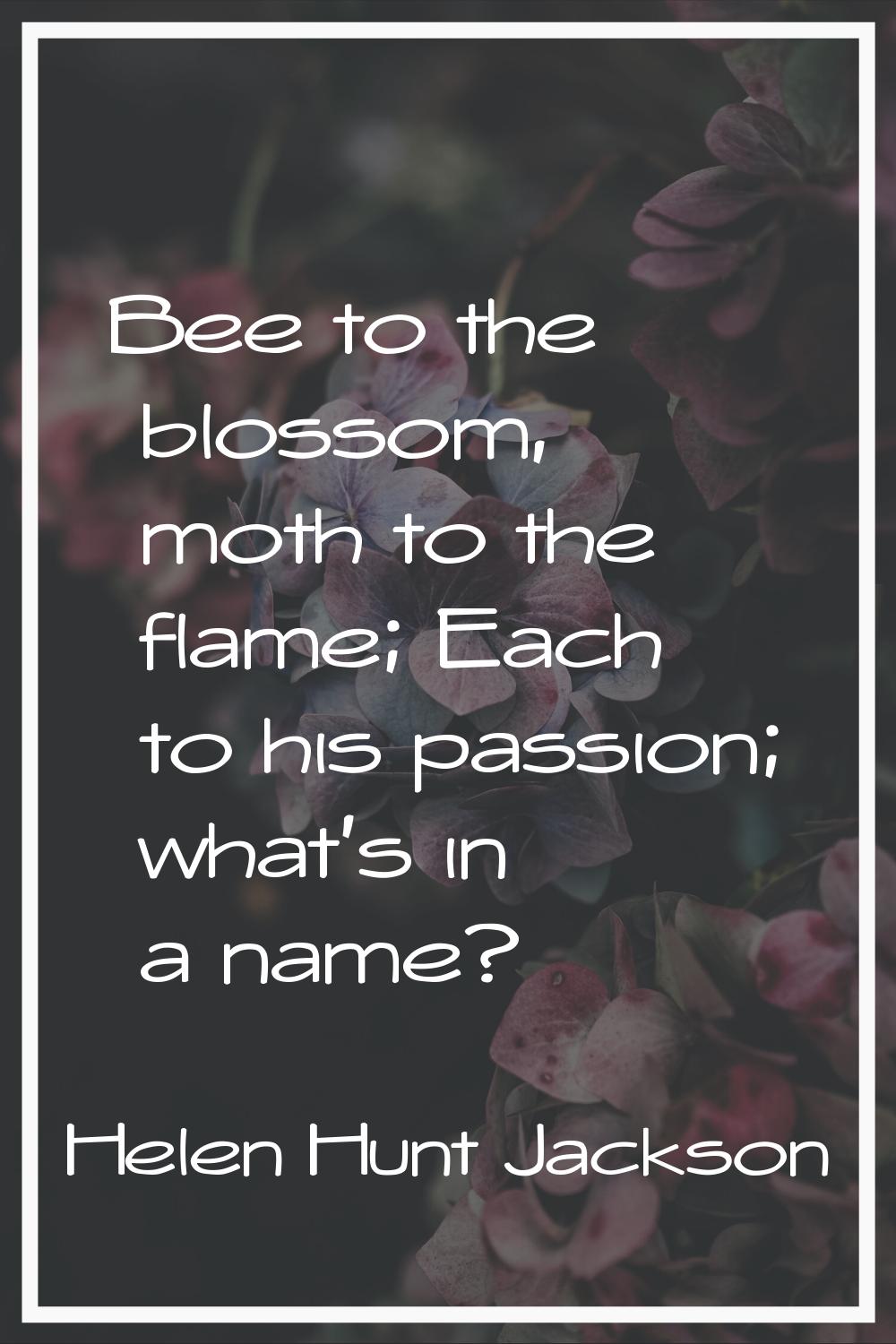 Bee to the blossom, moth to the flame; Each to his passion; what's in a name?