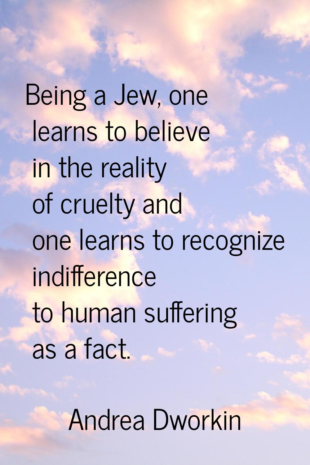 Being a Jew, one learns to believe in the reality of cruelty and one learns to recognize indifferen