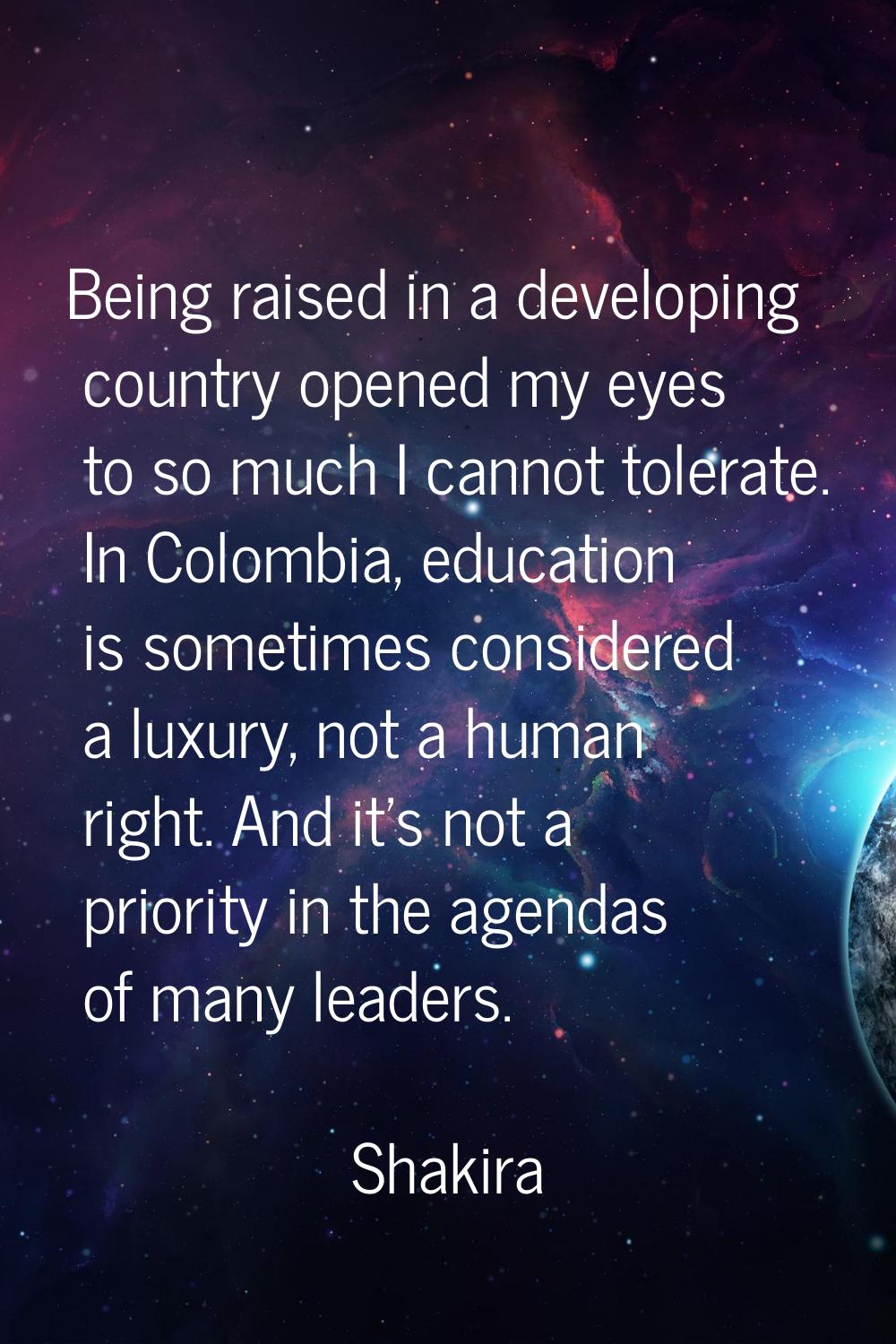 Being raised in a developing country opened my eyes to so much I cannot tolerate. In Colombia, educ