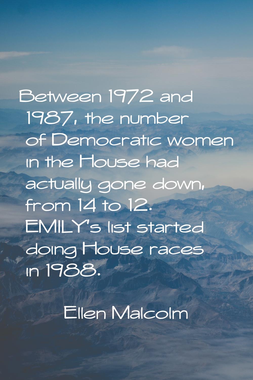 Between 1972 and 1987, the number of Democratic women in the House had actually gone down, from 14 