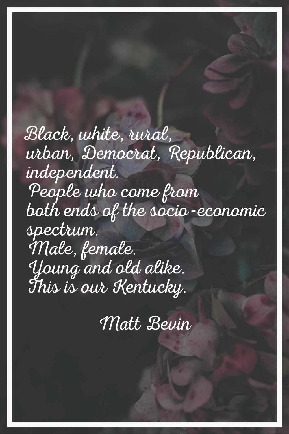 Black, white, rural, urban, Democrat, Republican, independent. People who come from both ends of th