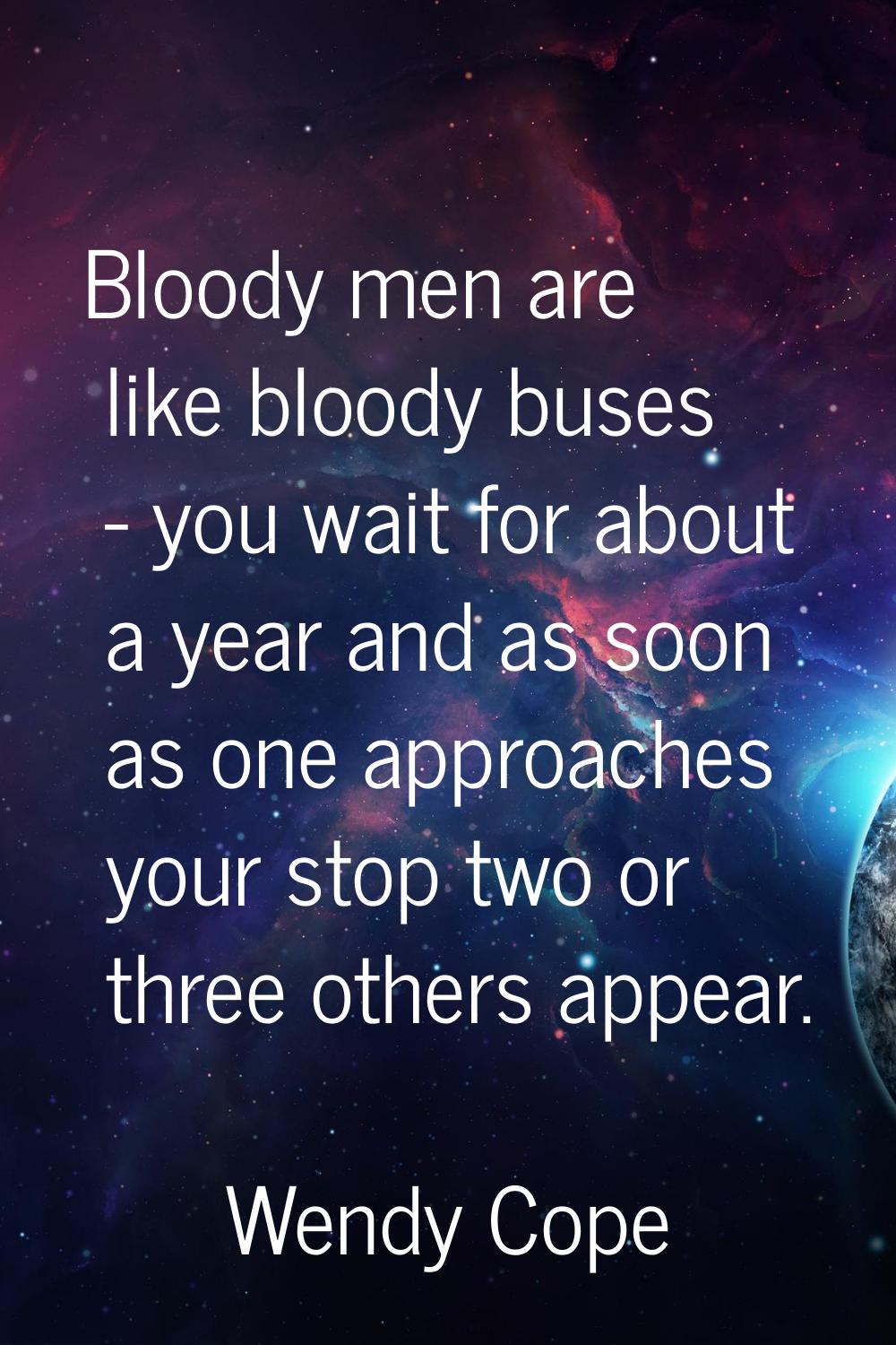 Bloody men are like bloody buses - you wait for about a year and as soon as one approaches your sto