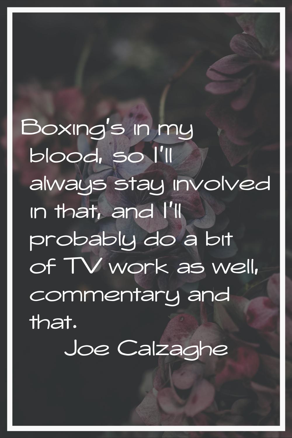 Boxing's in my blood, so I'll always stay involved in that, and I'll probably do a bit of TV work a