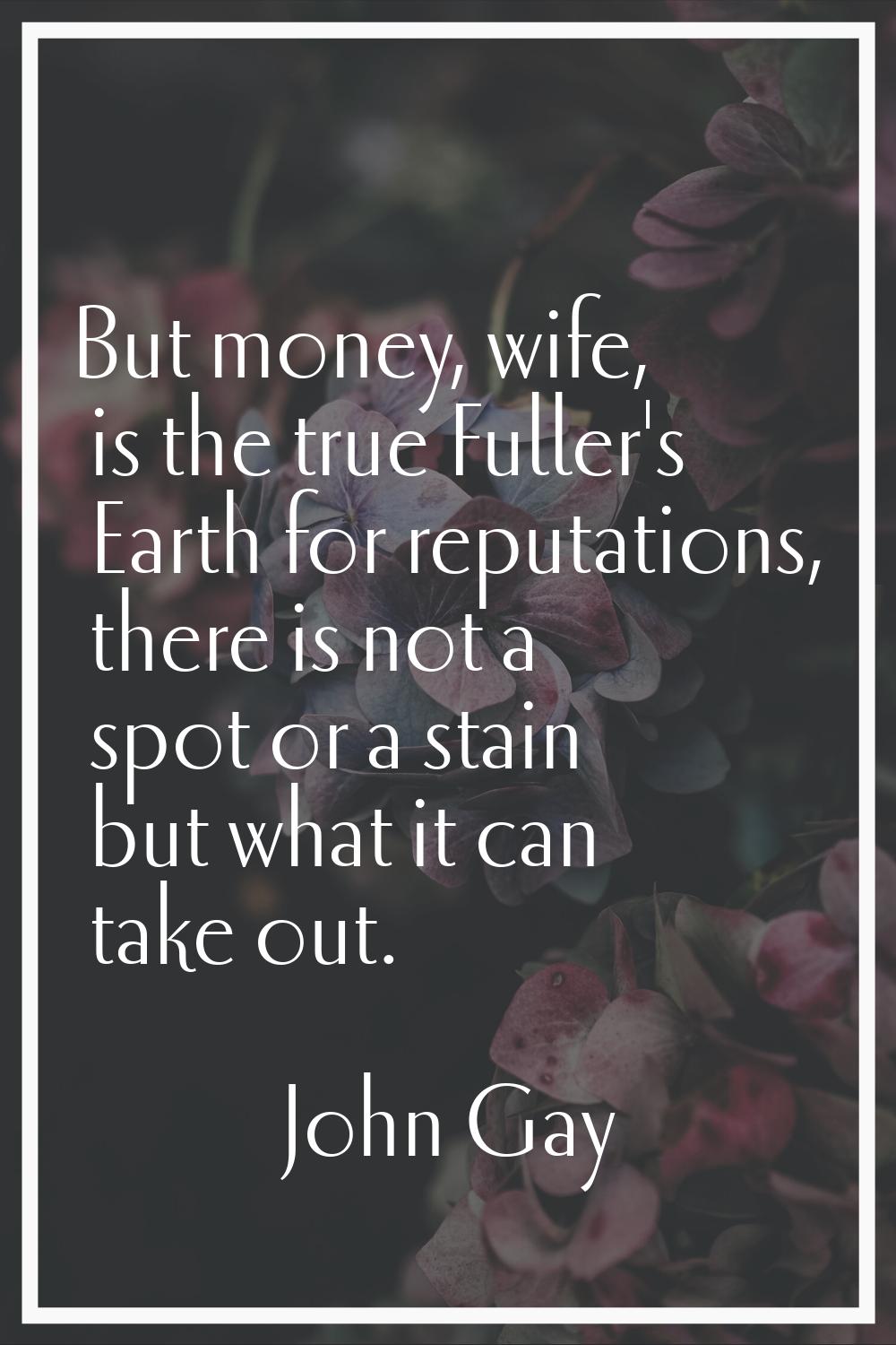 But money, wife, is the true Fuller's Earth for reputations, there is not a spot or a stain but wha