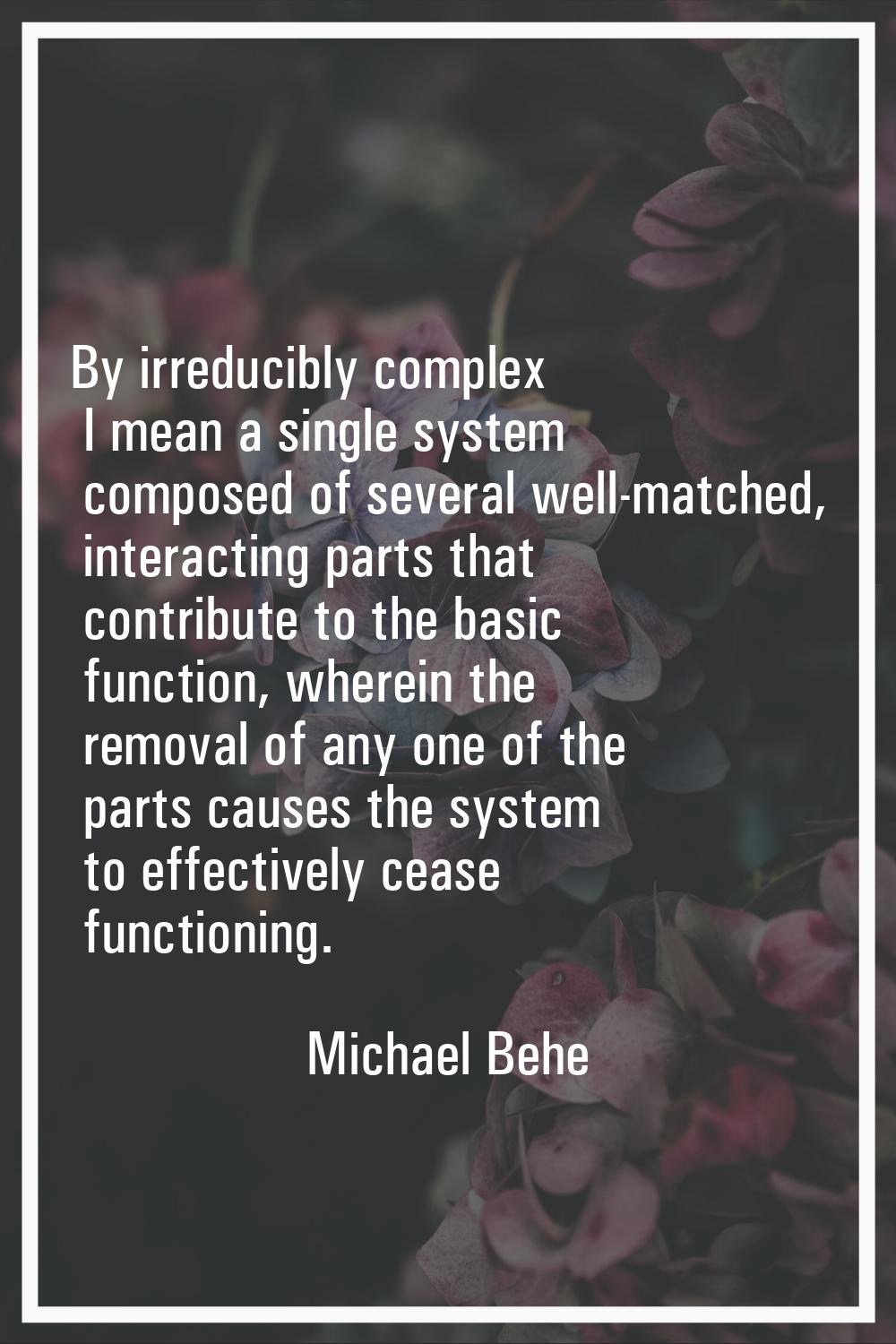 By irreducibly complex I mean a single system composed of several well-matched, interacting parts t