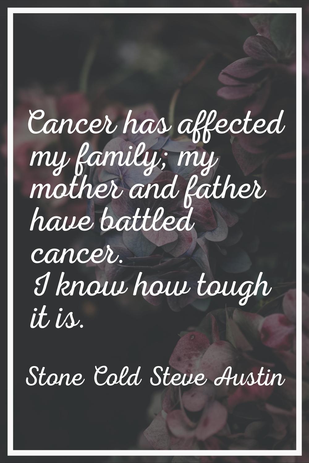 Cancer has affected my family; my mother and father have battled cancer. I know how tough it is.
