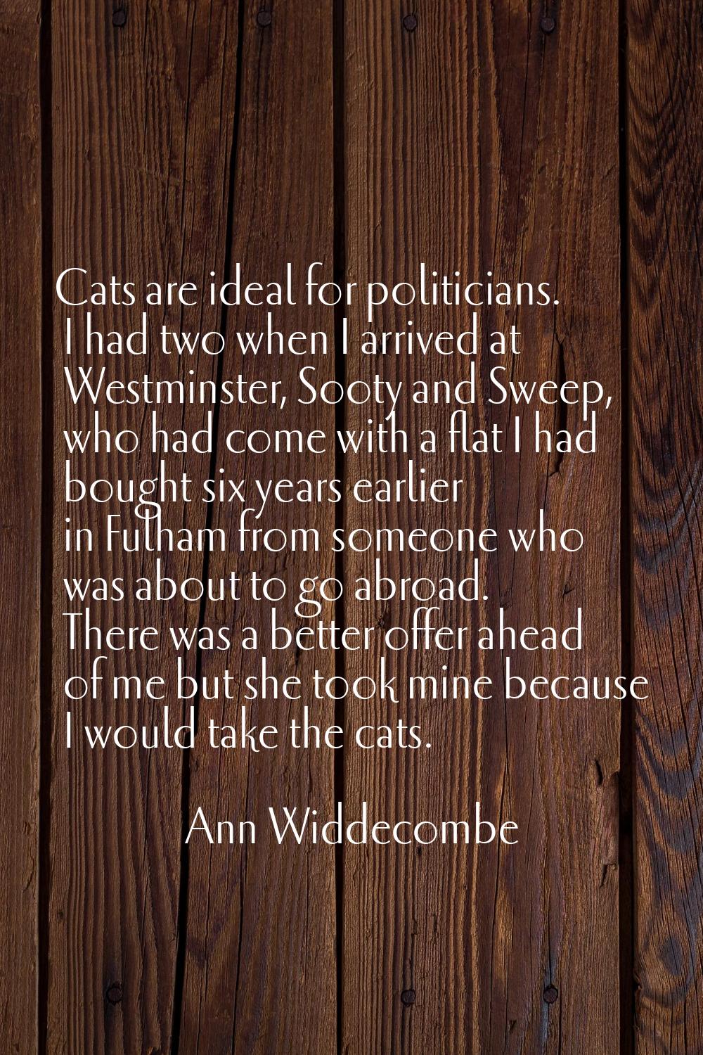 Cats are ideal for politicians. I had two when I arrived at Westminster, Sooty and Sweep, who had c