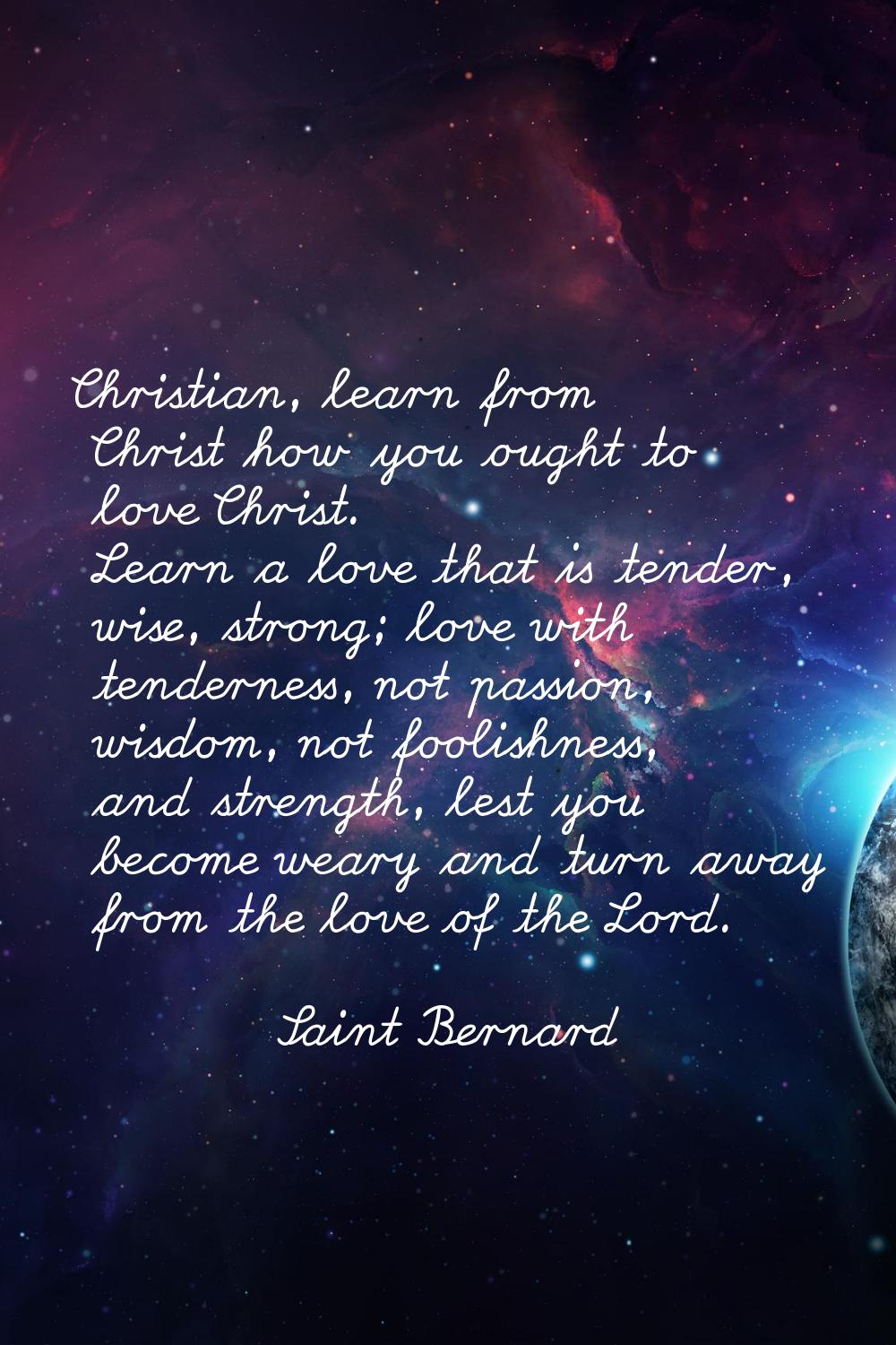 Christian, learn from Christ how you ought to love Christ. Learn a love that is tender, wise, stron