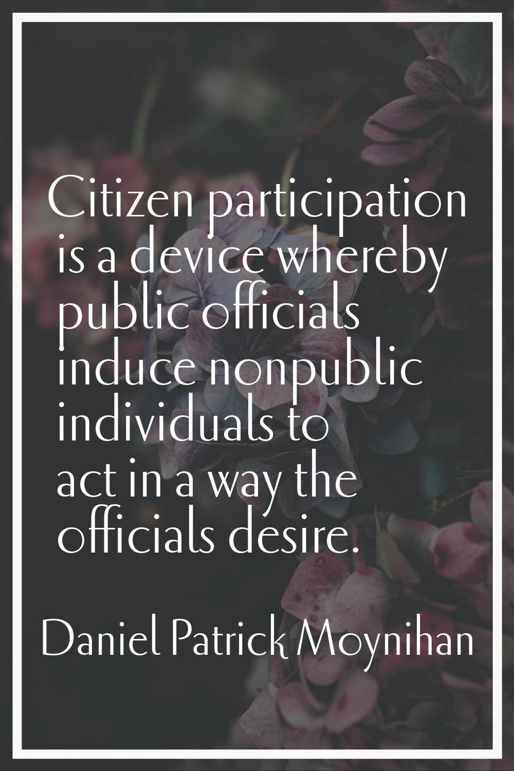 Citizen participation is a device whereby public officials induce nonpublic individuals to act in a
