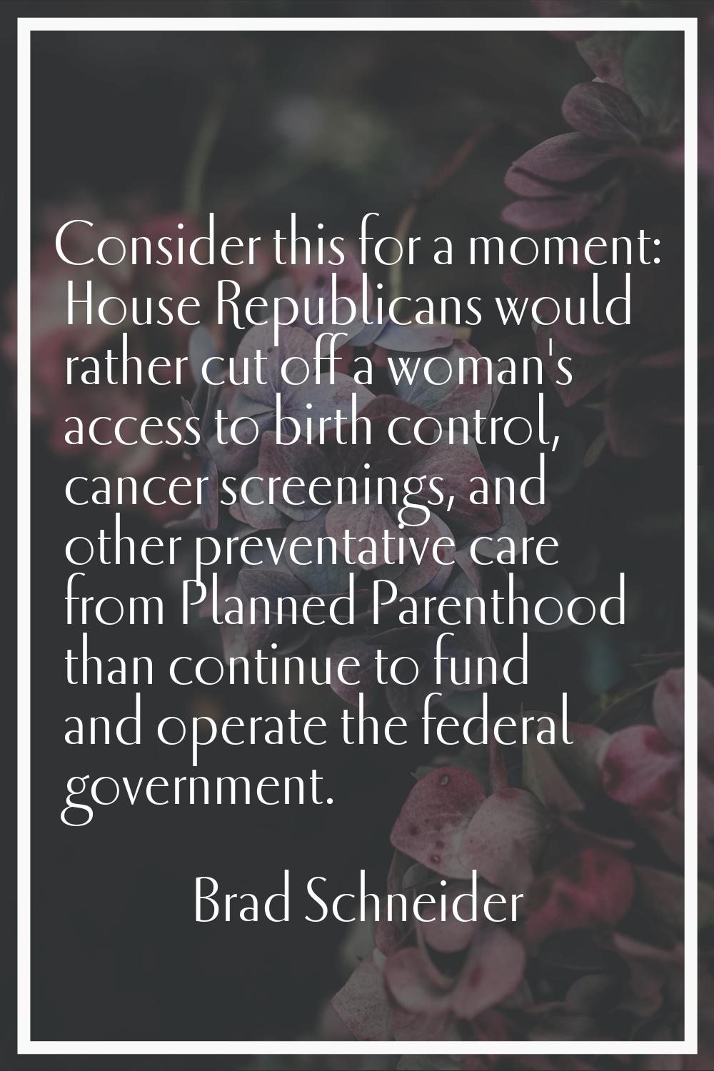 Consider this for a moment: House Republicans would rather cut off a woman's access to birth contro