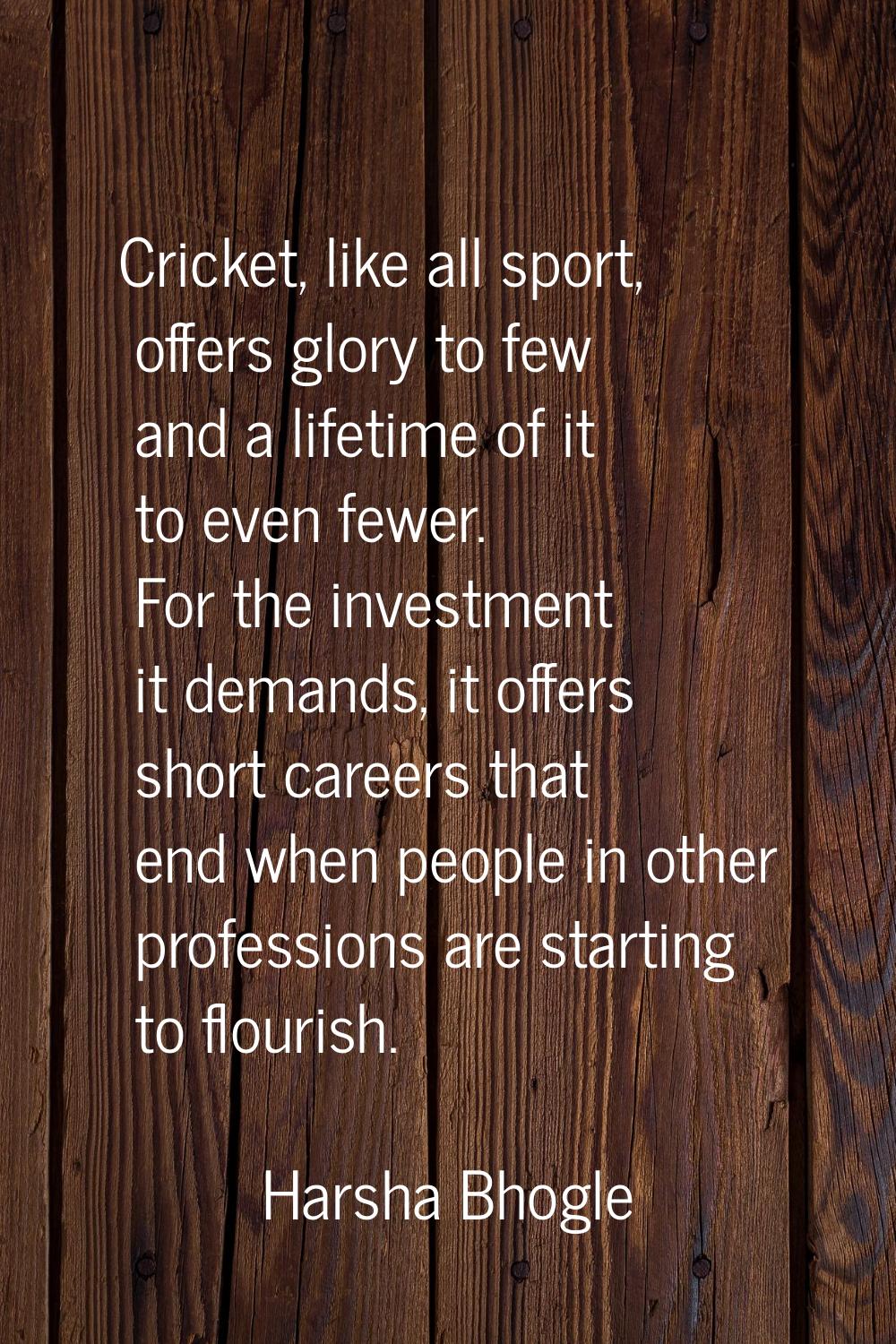 Cricket, like all sport, offers glory to few and a lifetime of it to even fewer. For the investment
