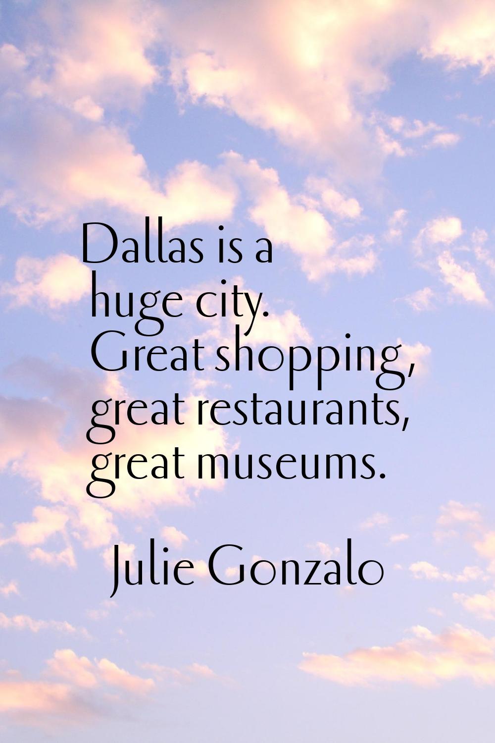 Dallas is a huge city. Great shopping, great restaurants, great museums.