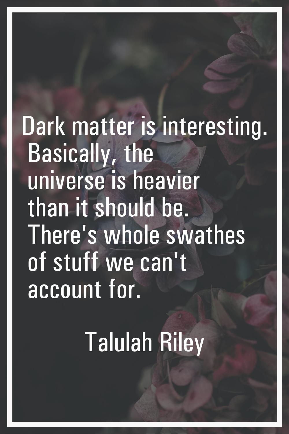 Dark matter is interesting. Basically, the universe is heavier than it should be. There's whole swa