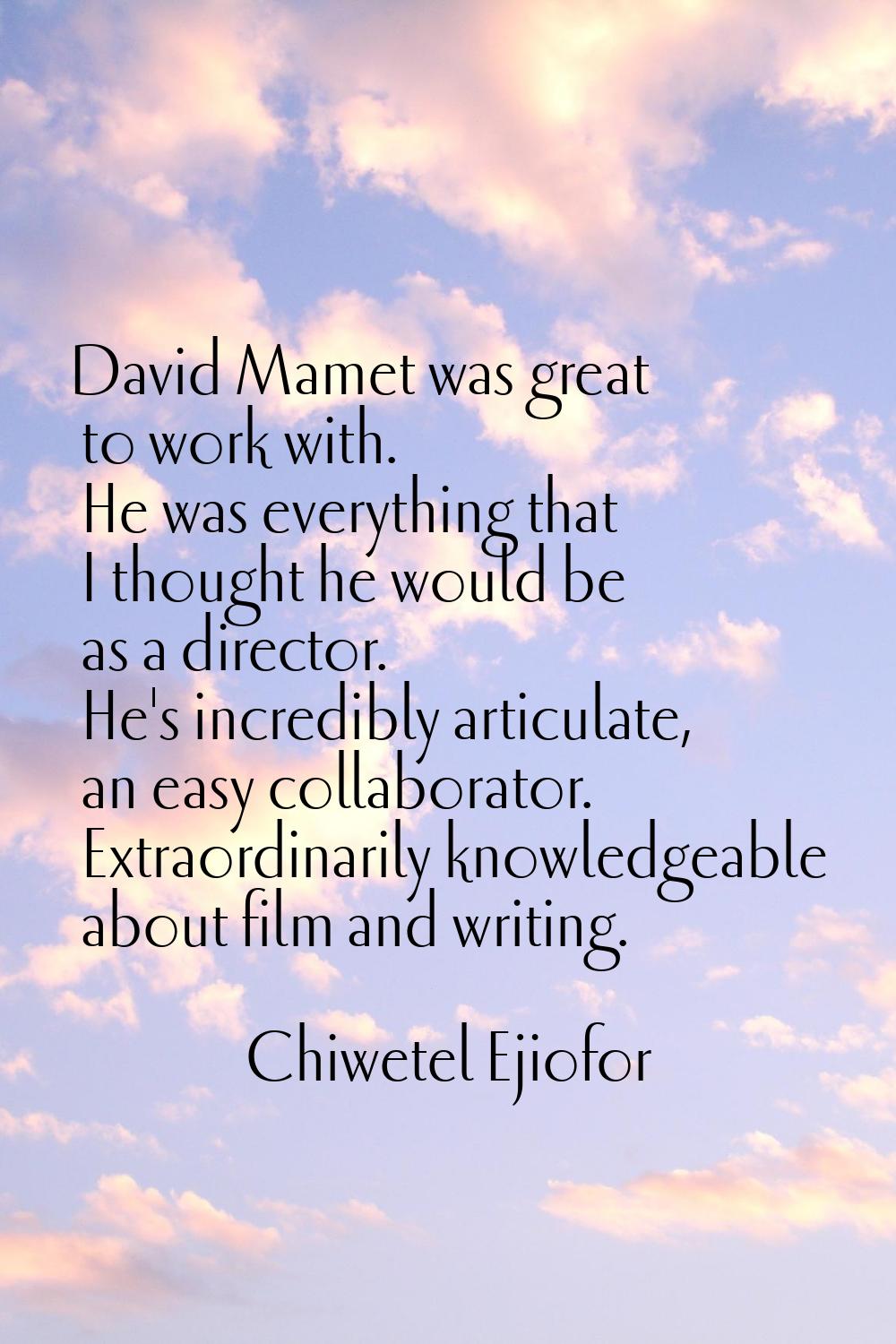 David Mamet was great to work with. He was everything that I thought he would be as a director. He'