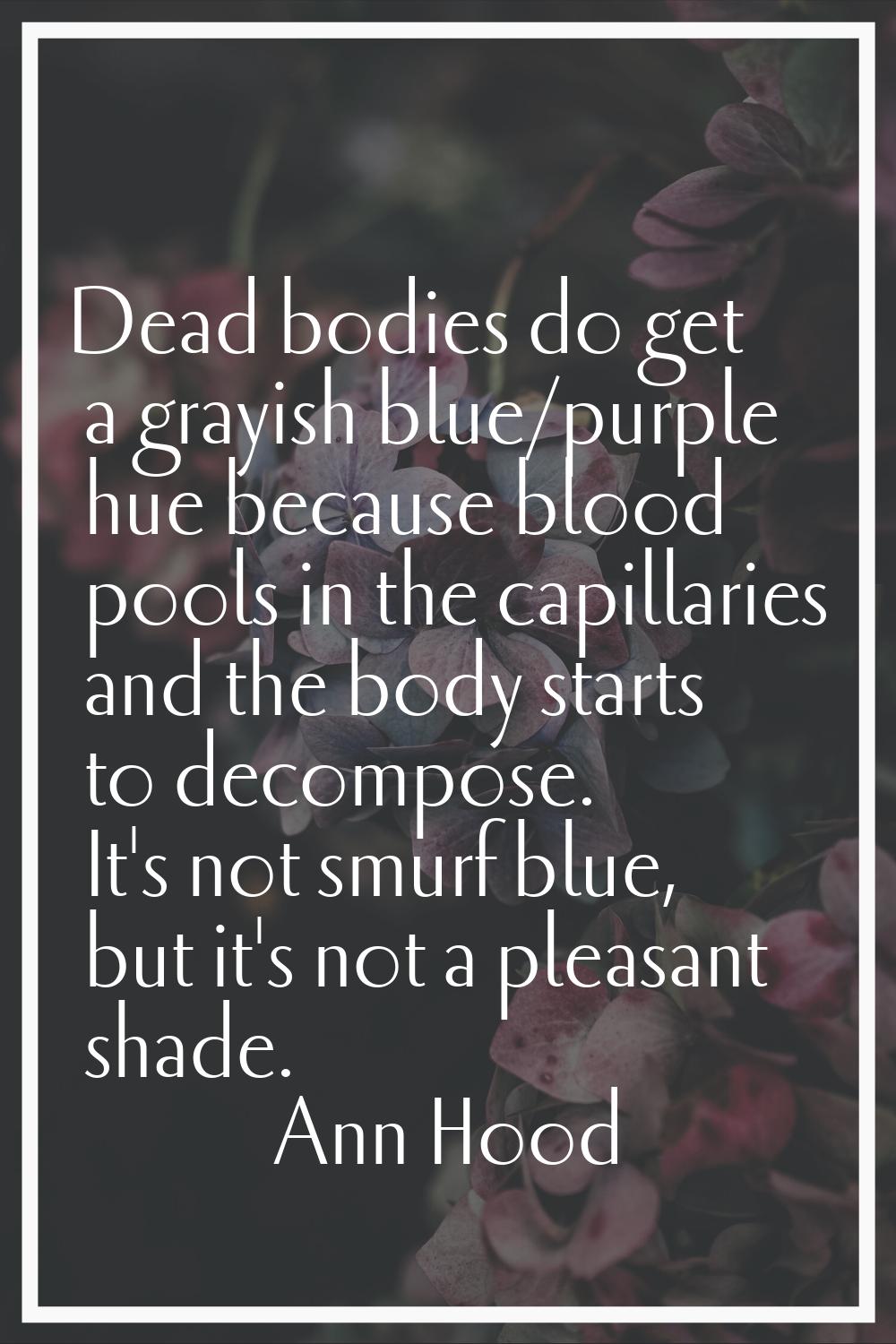 Dead bodies do get a grayish blue/purple hue because blood pools in the capillaries and the body st